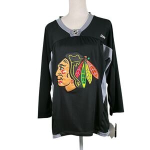 Reebok Black and Gray Blackhawks Hockey Jersey Size L/XL